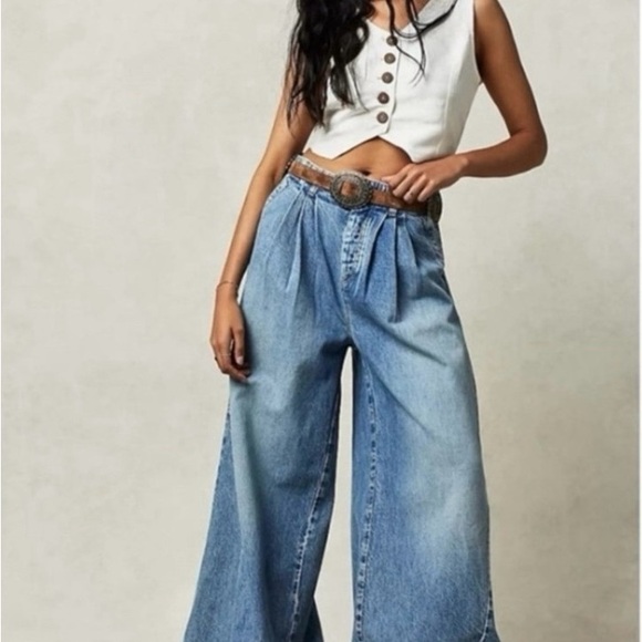 Free People Equinox Denim Trousers Lake Life Blue 29 Wide Leg Jeans Slouchy - Picture 1 of 3
